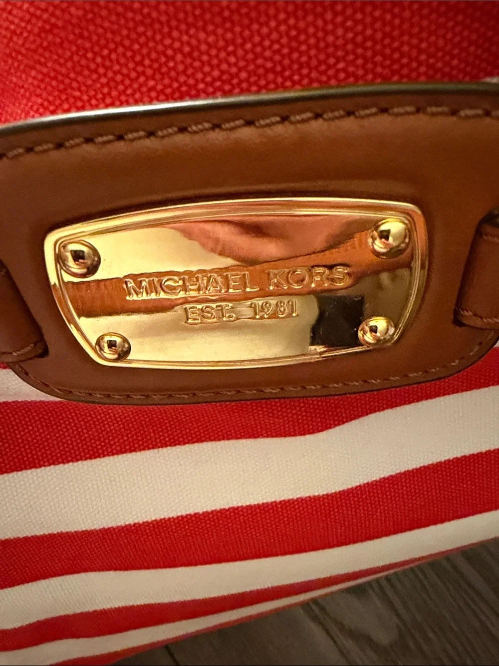 Michael Kors Hamilton Red and White Striped Canvas Tote with Brown Leather Trim